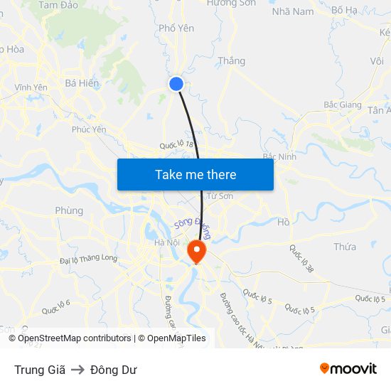 Trung Giã to Đông Dư map