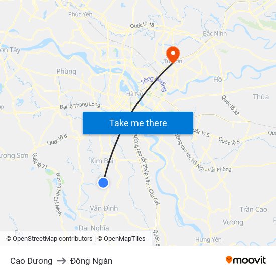Cao Dương to Đông Ngàn map