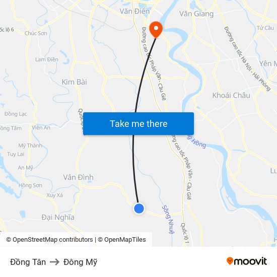 Đồng Tân to Đông Mỹ map