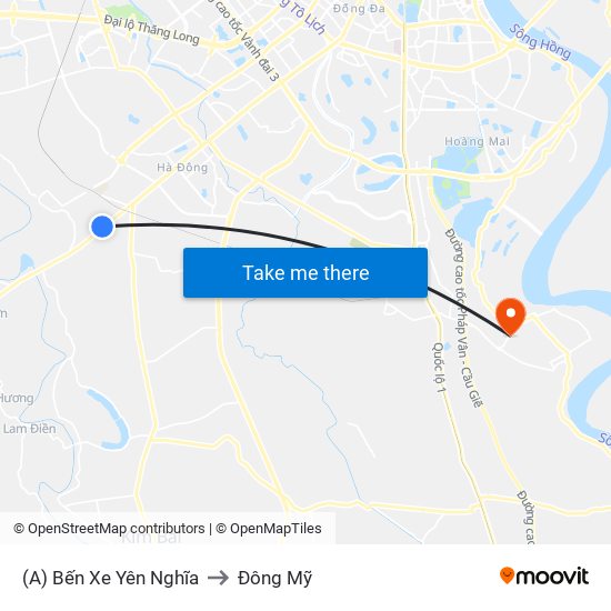 (A) Bến Xe Yên Nghĩa to Đông Mỹ map