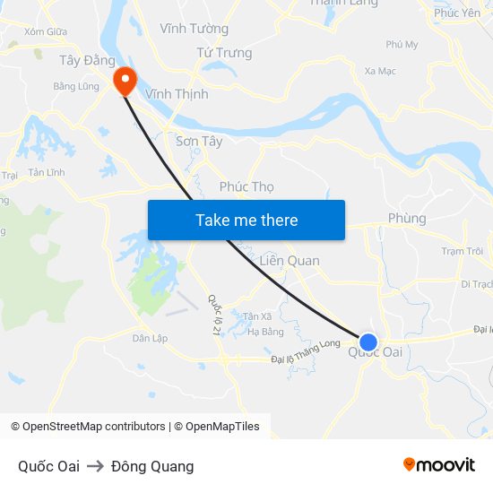 Quốc Oai to Đông Quang map