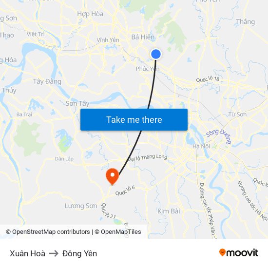 Xuân Hoà to Đông Yên map