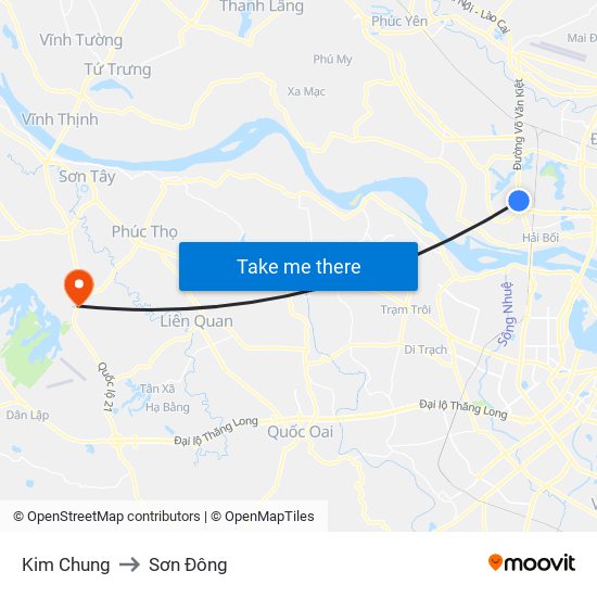 Kim Chung to Sơn Đông map