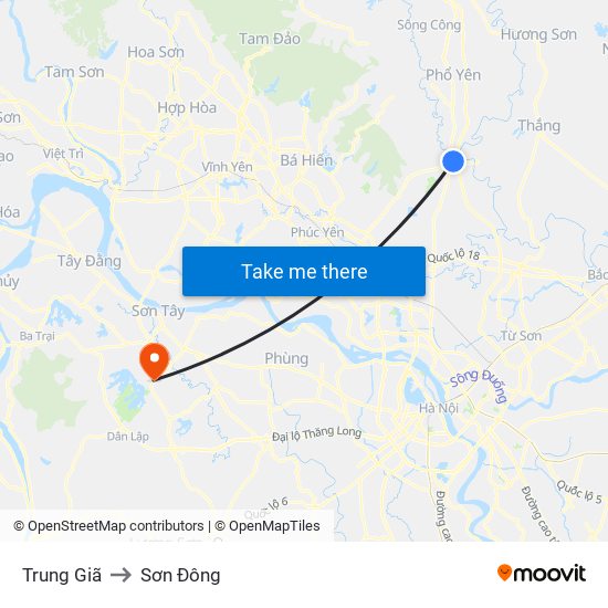 Trung Giã to Sơn Đông map