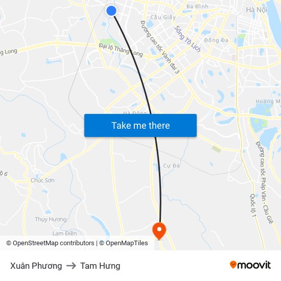 Xuân Phương to Tam Hưng map