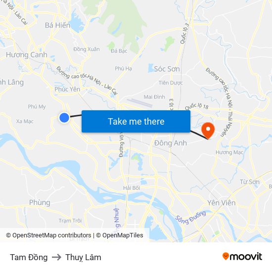 Tam Đồng to Thuỵ Lâm map