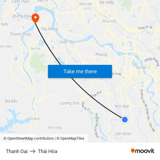Thanh Oai to Thái Hòa map