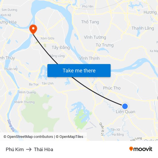 Phú Kim to Thái Hòa map