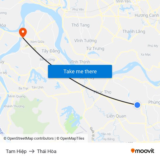 Tam Hiệp to Thái Hòa map