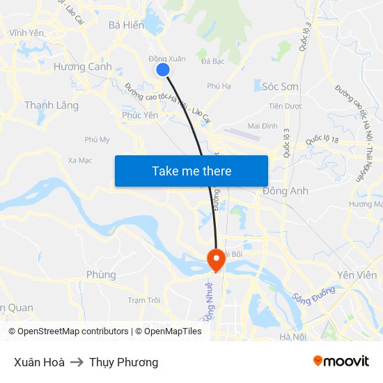 Xuân Hoà to Thụy Phương map