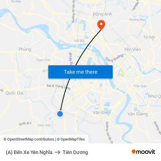 (A) Bến Xe Yên Nghĩa to Tiên Dương map