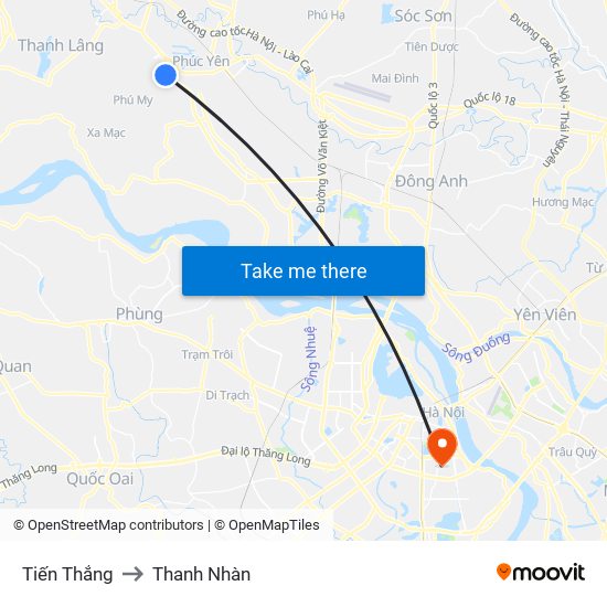 Tiến Thắng to Thanh Nhàn map