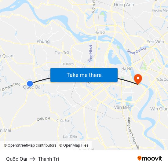 Quốc Oai to Thanh Trì map