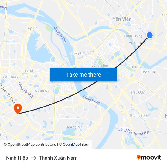 Ninh Hiệp to Thanh Xuân Nam map