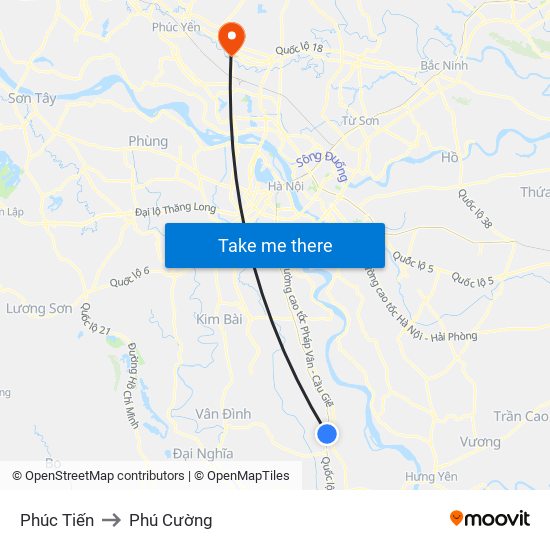 Phúc Tiến to Phú Cường map