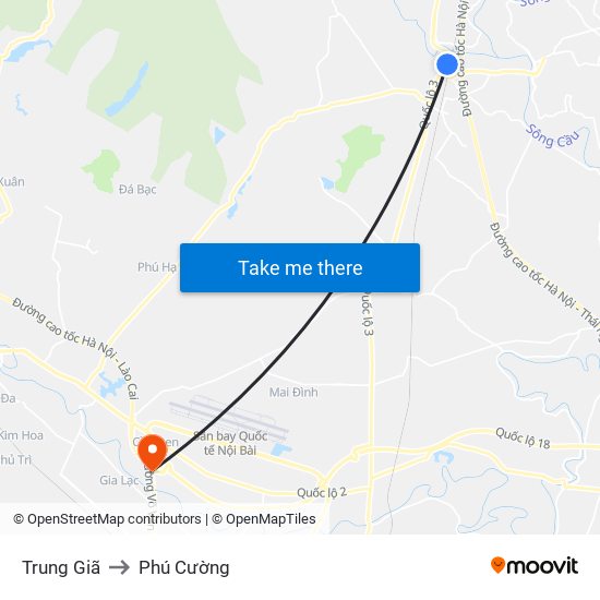 Trung Giã to Phú Cường map