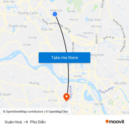 Xuân Hoà to Phú Diễn map