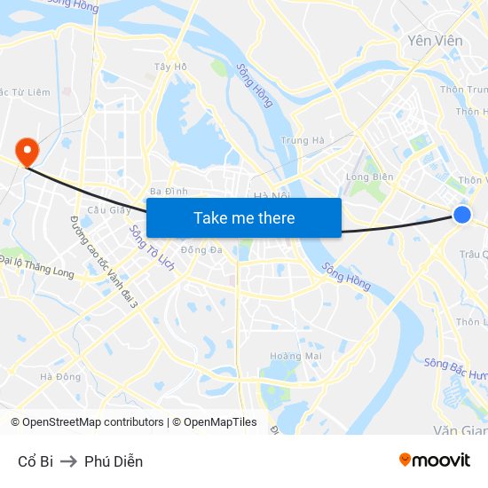 Cổ Bi to Phú Diễn map