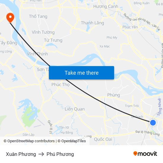 Xuân Phương to Phú Phương map