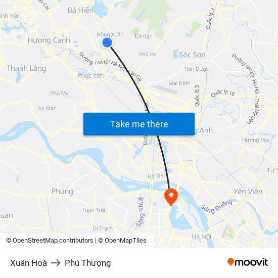 Xuân Hoà to Phú Thượng map