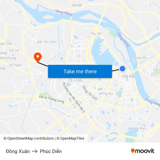 Đồng Xuân to Phúc Diễn map