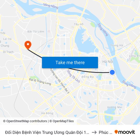 Đối Diện Bệnh Viện Trung Ương Quân Đội 108 - Trần Hưng Đạo to Phúc Diễn map