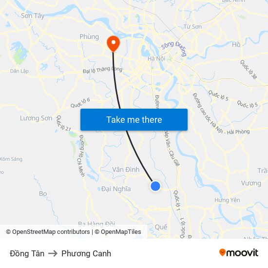 Đồng Tân to Phương Canh map