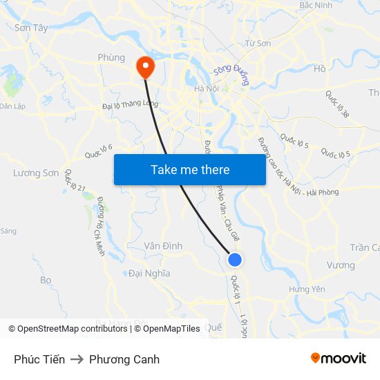 Phúc Tiến to Phương Canh map