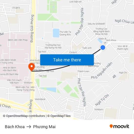 Bách Khoa to Phương Mai map