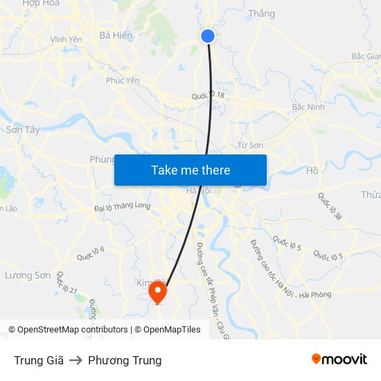 Trung Giã to Phương Trung map