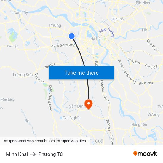 Minh Khai to Phương Tú map