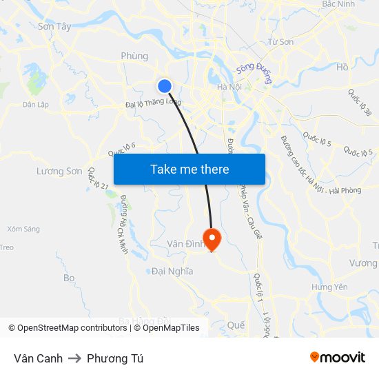 Vân Canh to Phương Tú map