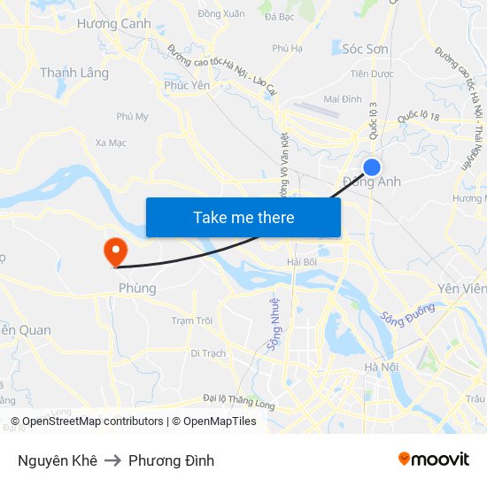 Nguyên Khê to Phương Đình map