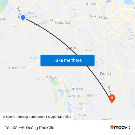 Tân Xã to Quảng Phú Cầu map