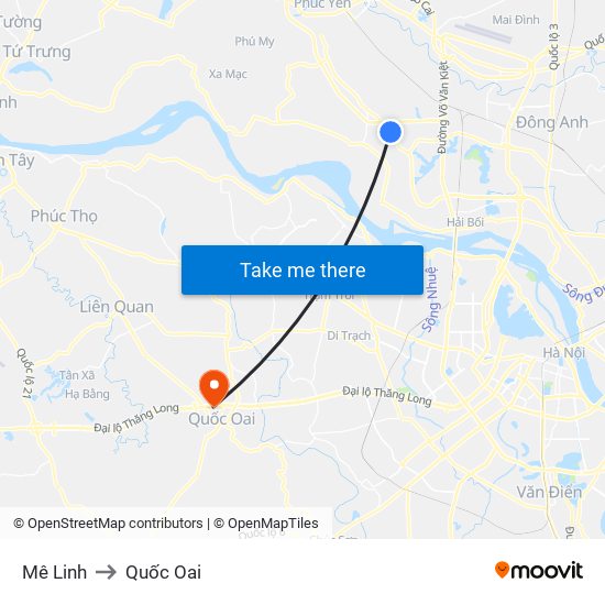 Mê Linh to Quốc Oai map