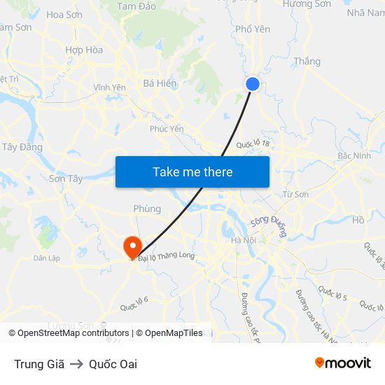 Trung Giã to Quốc Oai map