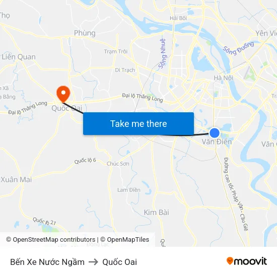 Bến Xe Nước Ngầm to Quốc Oai map