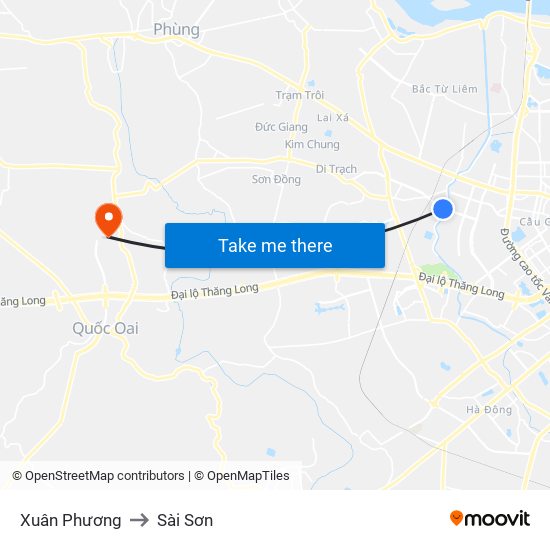 Xuân Phương to Sài Sơn map