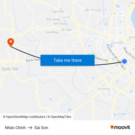 Nhân Chính to Sài Sơn map