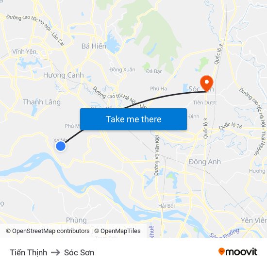 Tiến Thịnh to Sóc Sơn map