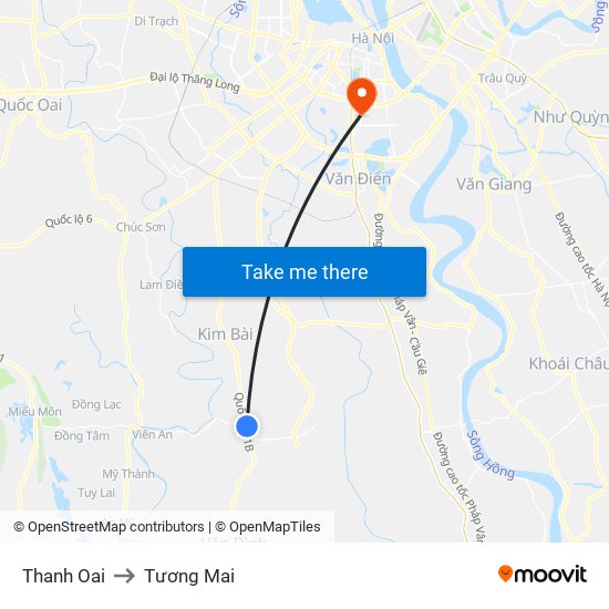 Thanh Oai to Tương Mai map