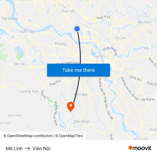 Mê Linh to Viên Nội map