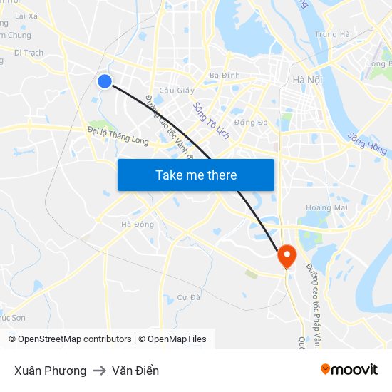 Xuân Phương to Văn Điển map