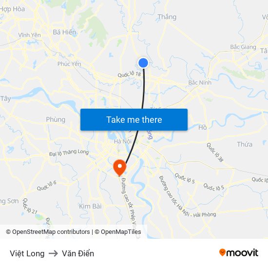 Việt Long to Văn Điển map