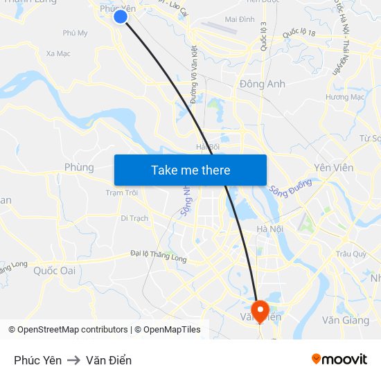 Phúc Yên to Văn Điển map