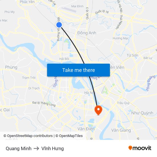 Quang Minh to Vĩnh Hưng map