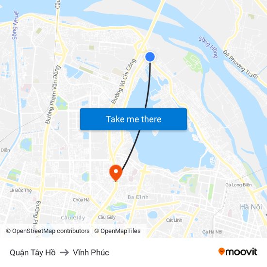 Quận Tây Hồ to Vĩnh Phúc map