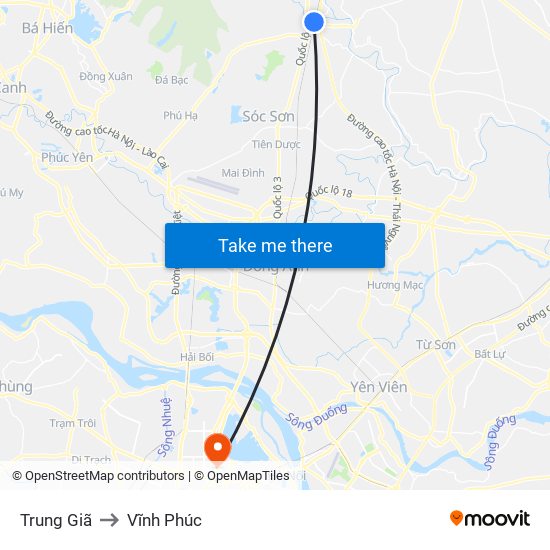 Trung Giã to Vĩnh Phúc map