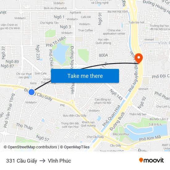 331 Cầu Giấy to Vĩnh Phúc map