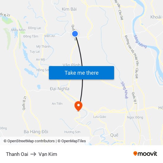 Thanh Oai to Vạn Kim map